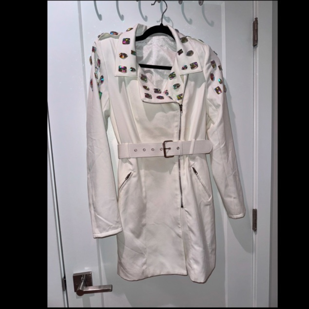 Stylish White Rhinestone Blazer Belted Mini Dress